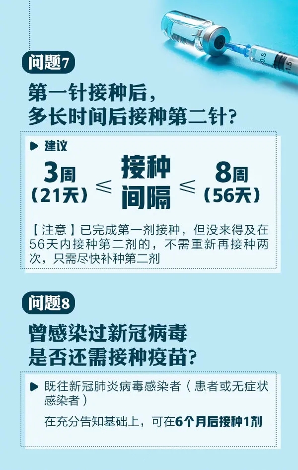 問題7，第一針接種后多長時間接種第二針？問題8，曾感染過新冠病毒是否還需要接種疫苗？