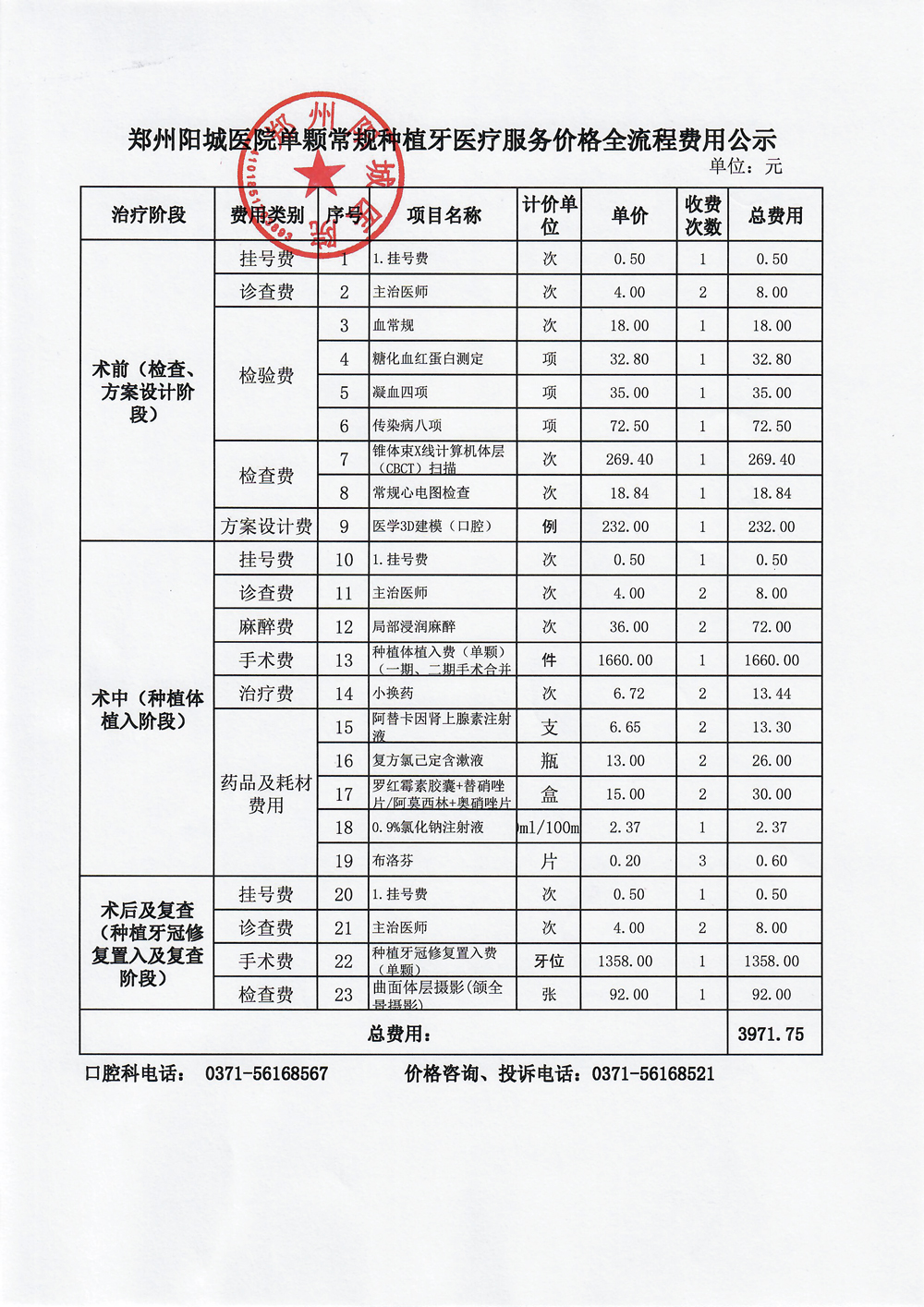 鄭州陽城醫院單顆常規種植牙醫療服務價格全流程費用公示