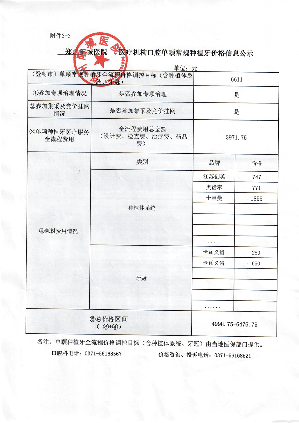 鄭州陽城醫院醫療結構口腔單顆常規種植牙價格信息公示